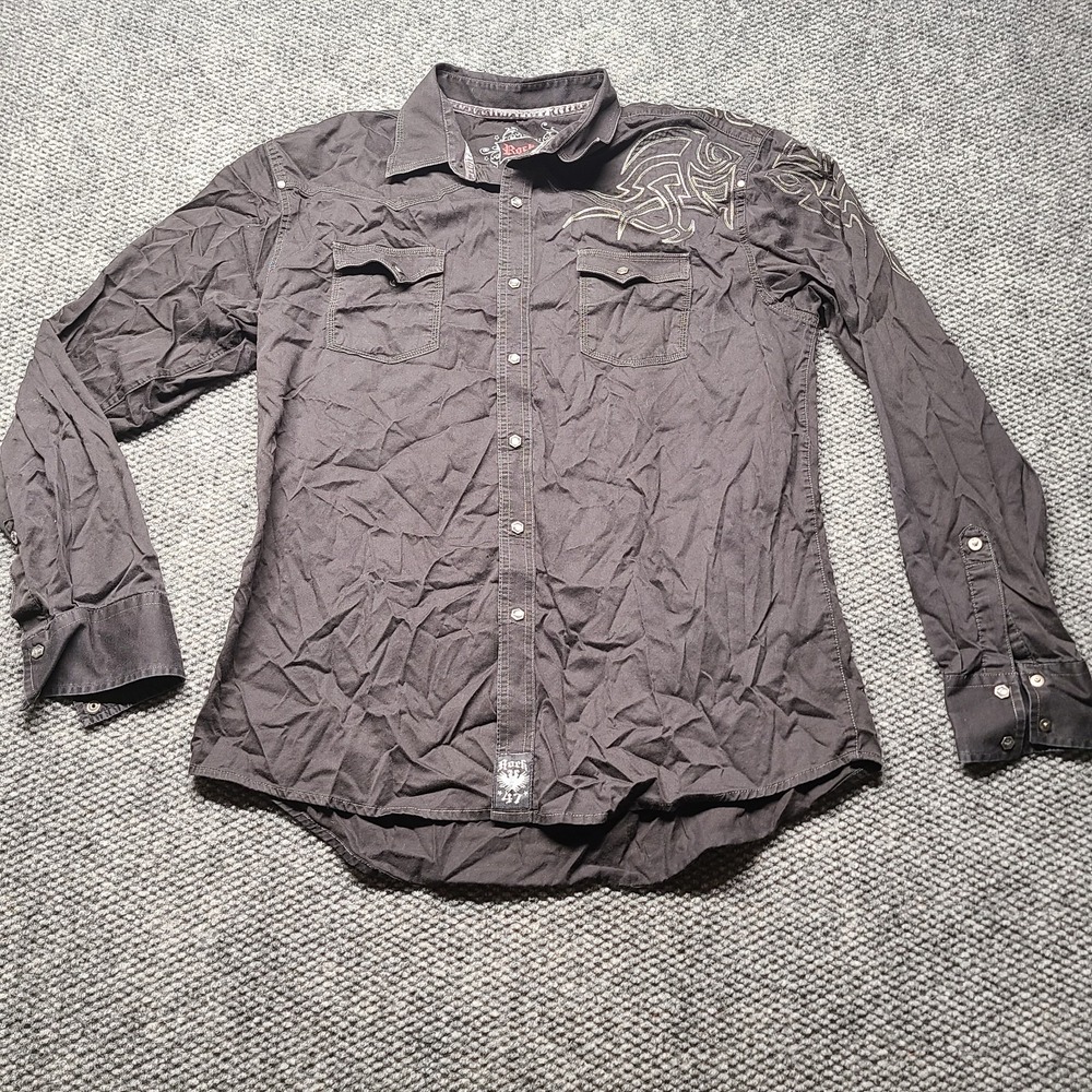 Rock 47 Roar Western Shirt Mens XL Black Tribal Embroidery Pearl Snap Cowboy